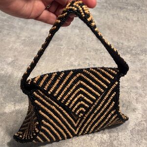 Beaded Black and Tan Evening Wristlet Clutch